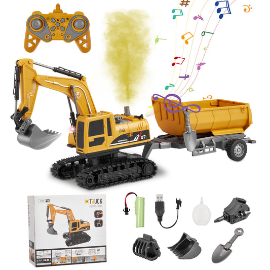 Petbank 4 in 1 Remote Control Excavator, Rechargeable RC Excavactor with Dump car, 11 Channel Excavator Construction Toy with Metal Shovel, Spray, Lights, Sounds, Gift for Boys and Girls, Yellow