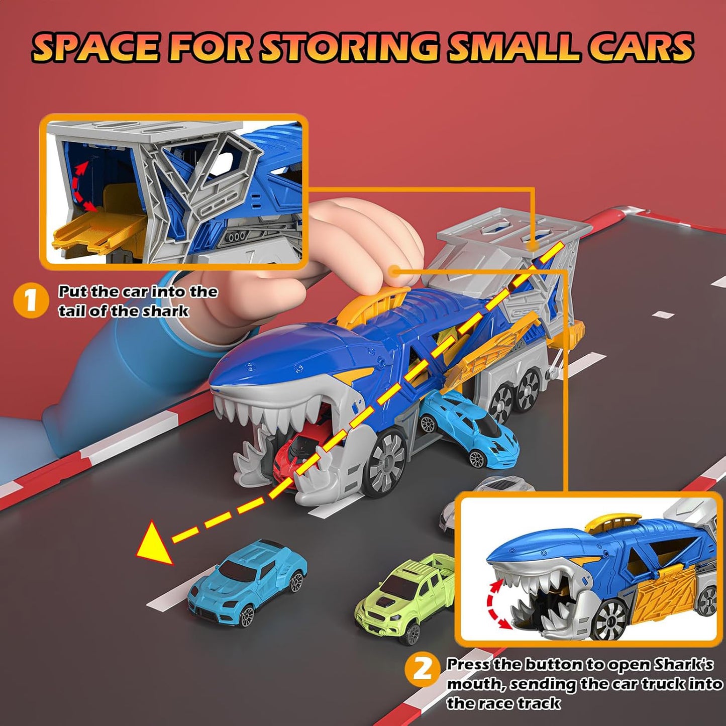 Lictin Shark Race Car Track Set for Kids, Race Track Toys with Carrier Truck, Loop Track & Launcher, 6 pcs High Speed Race Cars, Shark Parking Lot Toys for Boys Aged 3 4 5 6 7 Years Old
