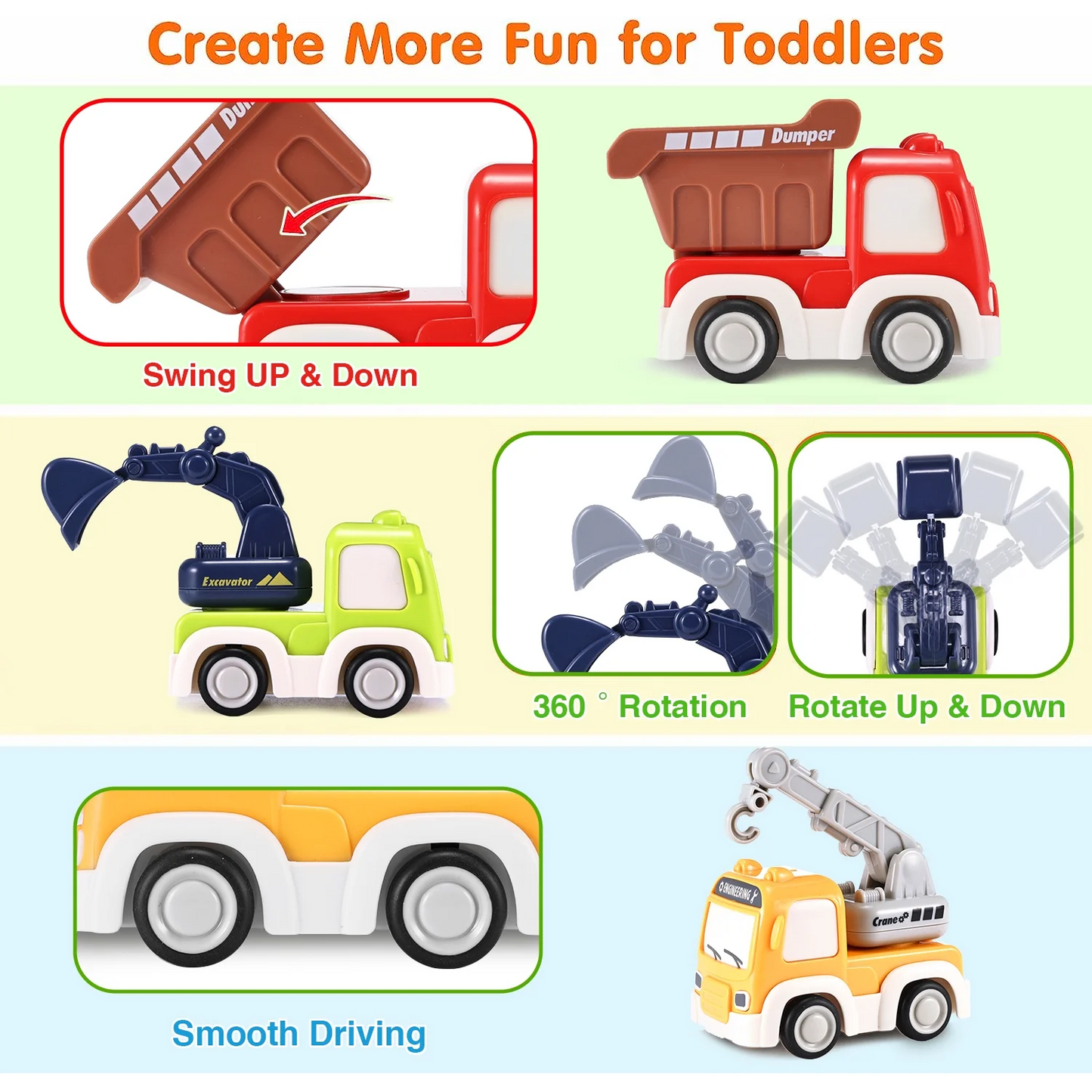 Zacro Friction Powered Cars Push and Go Toys Car Construction Vehicles Toy Set for Toddler Boys Grils Kids Gift Age 1-3 Years