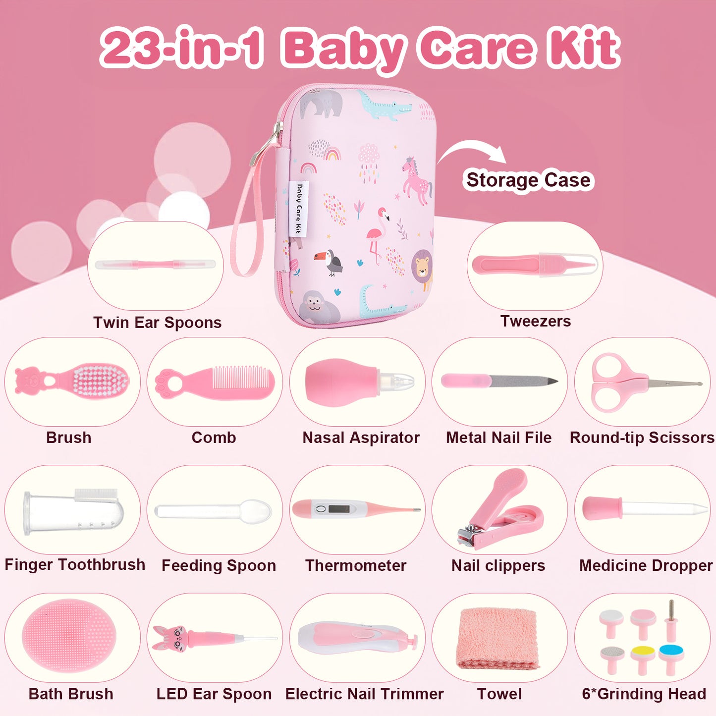 Lictin Baby Healthcare and Grooming Kit, 23 in 1 Electric Safety Nail Trimmer Newborn Nursery Health Care Set with Thermometer, for Infant Toddlers Baby Shower Gifts, Pink