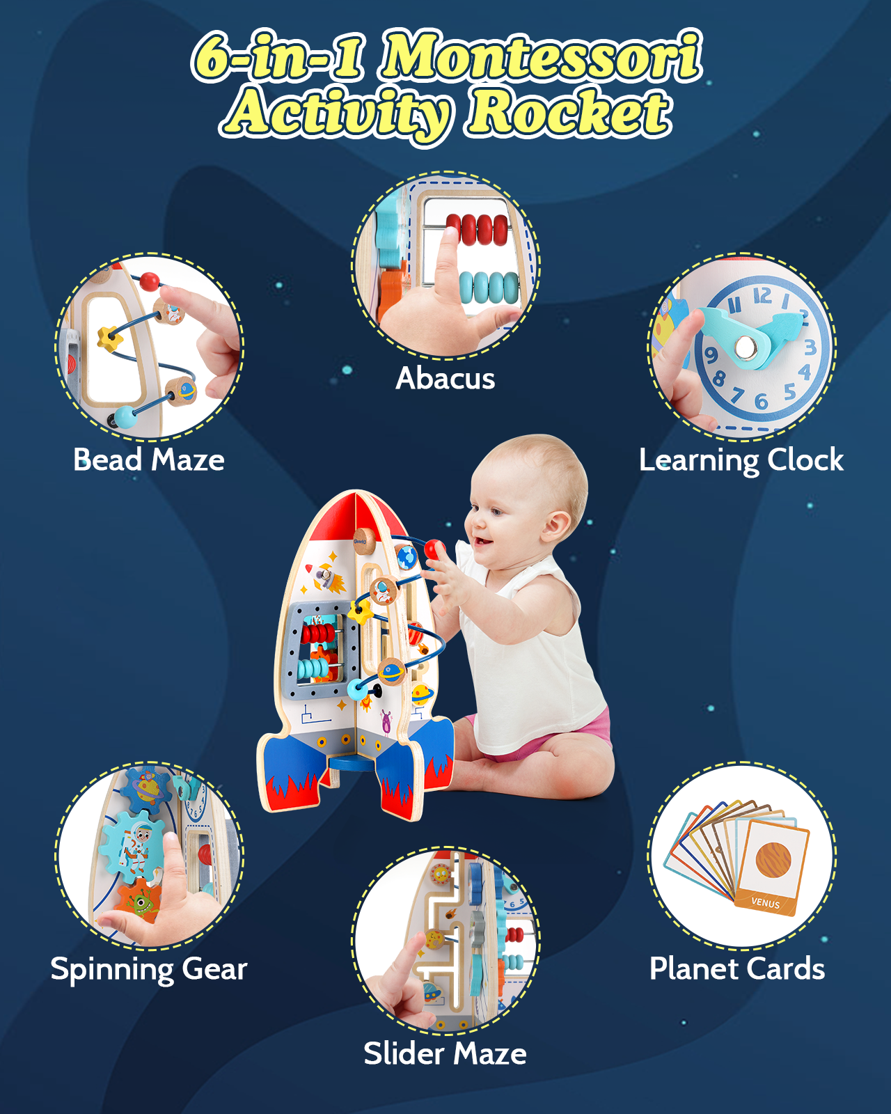 Wooden Activity Cube for Toddlers, 6-in-1 Montessori Learning Toys Early Educational with Abacus & Bead Maze, Baby Toys Gift for 1 2 3 Year Old Boys Girls