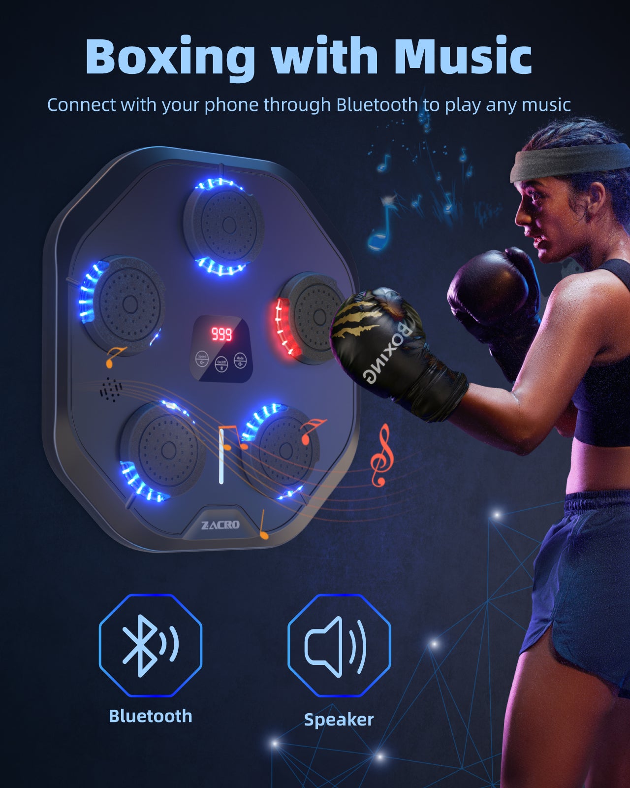 Anpro Music Boxing Machine, Smart Bluetooth Boxing Machine Wall Mounted, , Home Workout Boxing Target Machine Kit with 9 Modes/Speeds, Punching Gloves and Headband for Kids Adult
