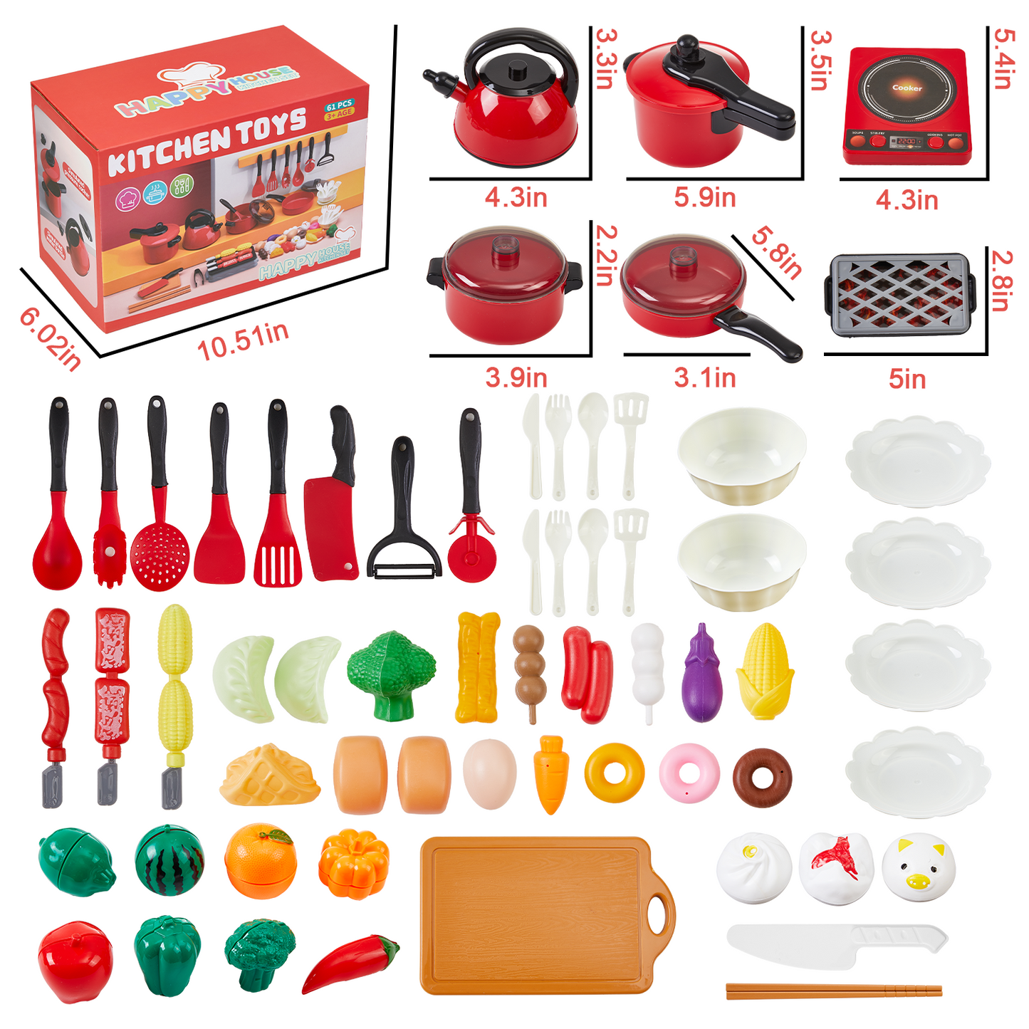 Gleamkid Kids Pretend Play Kitchen Accessories, 61pcs Kitchen Playset, Pretend Cooking Play Pots with Pans, Pot and Utensils, Preschool Learning Education Toys for Toddler Boys Girls