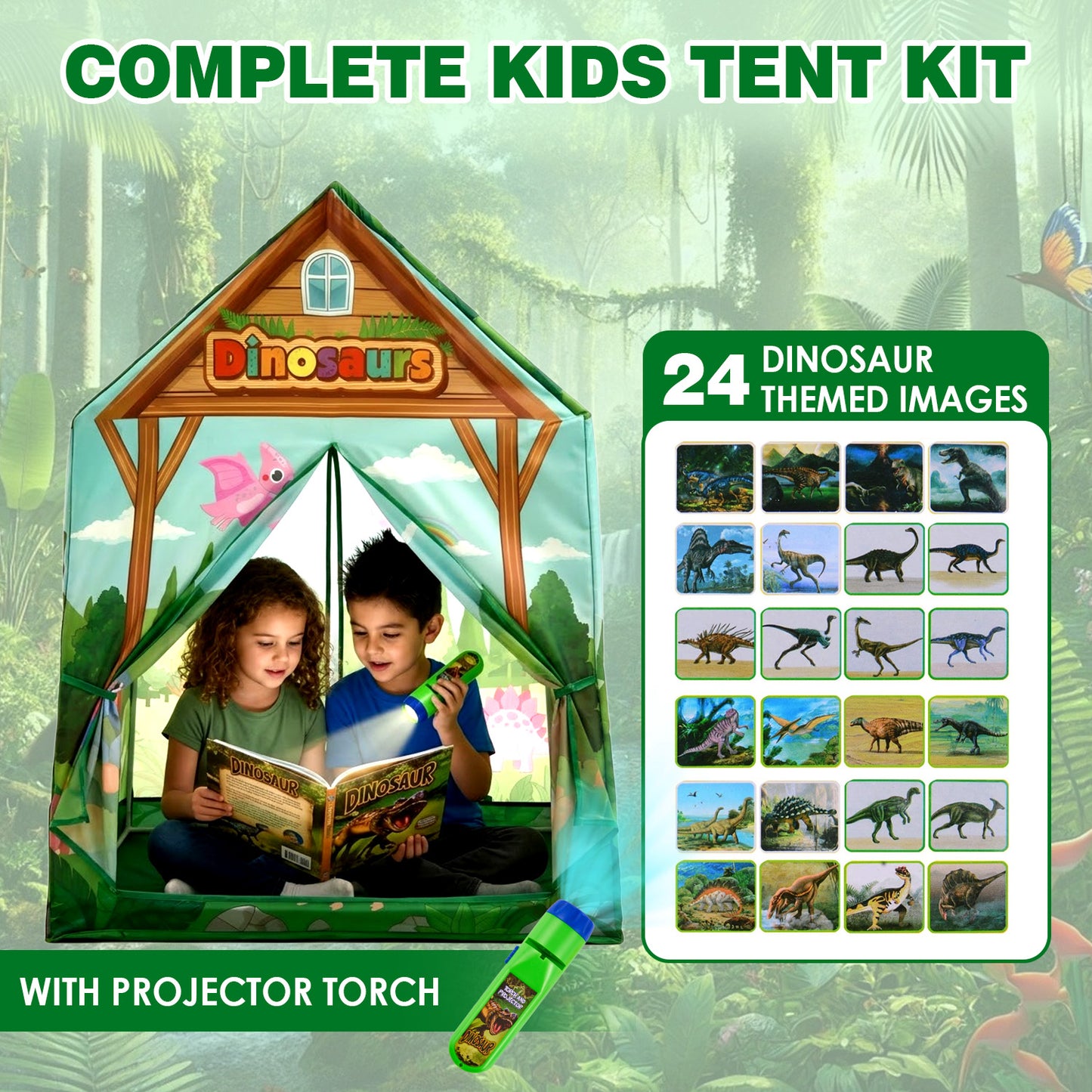Zacro Dinosaur Play Tent for Kids, Indoor Outdoor Playhouse with Projector Flashlight & Drawing Pen, Foldable Tent Games Party Toy for Toddler Boys & Girls