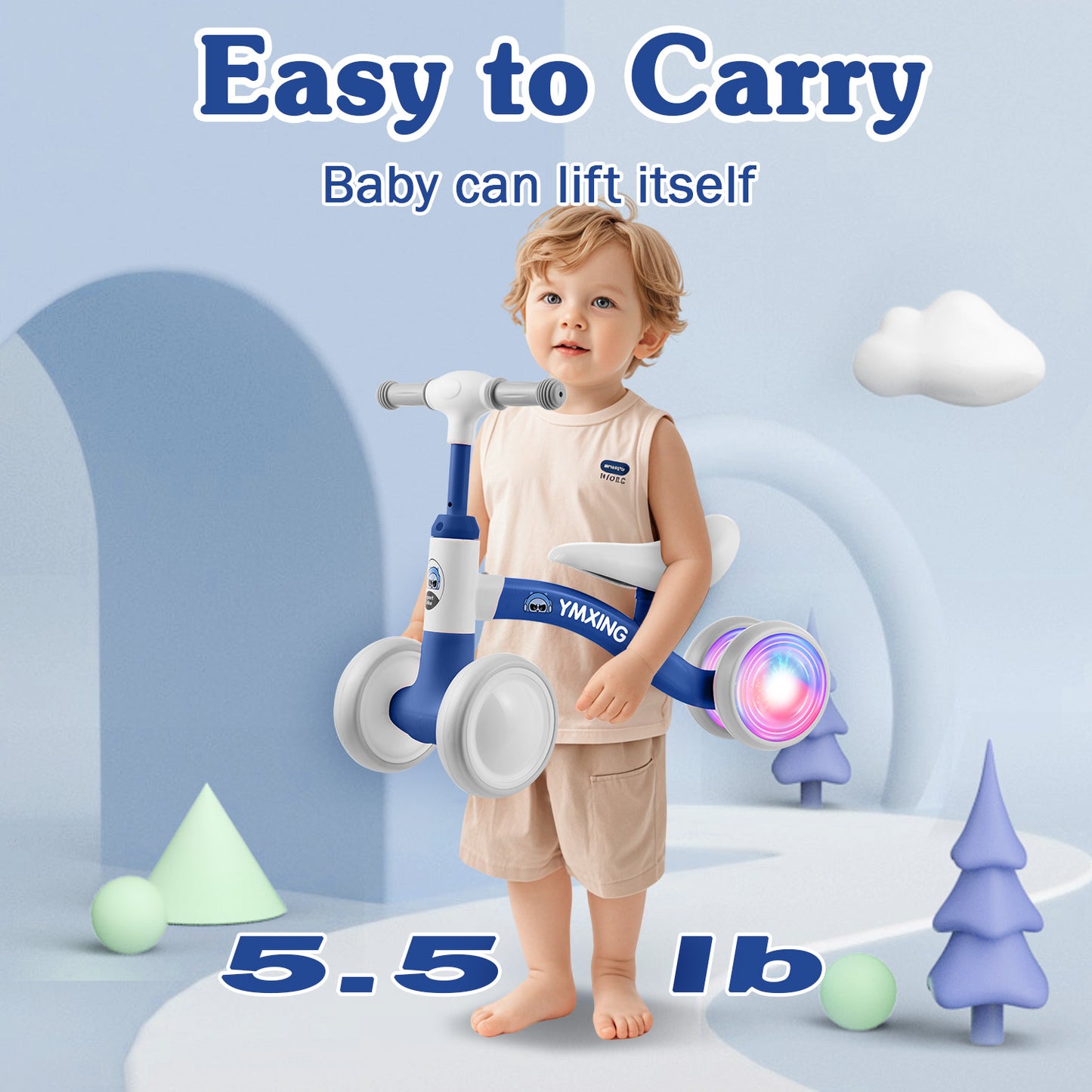 Zacro Baby Balance Bike for 1 Year Old Boys Girls, Toddler Balance Bike with Adjustable Seat & Colorful Lighting, No Pedal 4 Wheels Kids First Bike Toy Gift, Blue