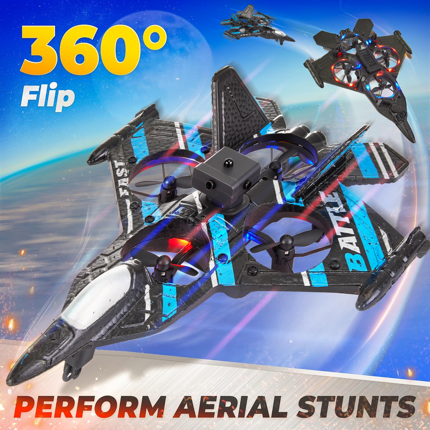 Gleamkid Foam Remote Control Airplane for Kids, 2.4GHz RC Plane with LED Lights & 360° Spin, Easy to Fly RC Aircraft Glider for Kids Adults, Black