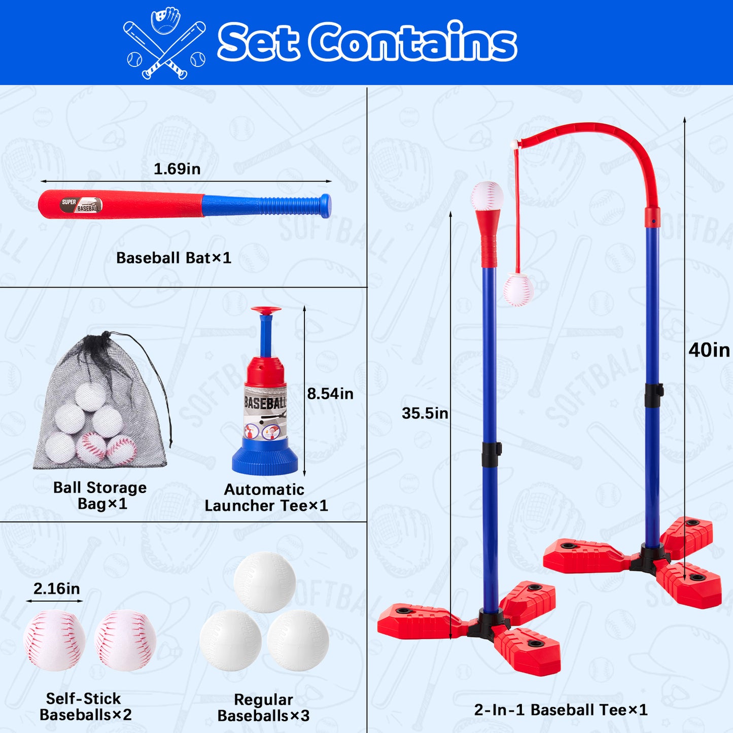 Lictin 3-in-1 T Ball Set for Kids, Adjustable Height Baseball Toy with Hanging Tee, Tee Ball Stand, Ball Launcher and 5 Balls, Indoor/Outdoor Sport Games Gifts for Boys & Girls