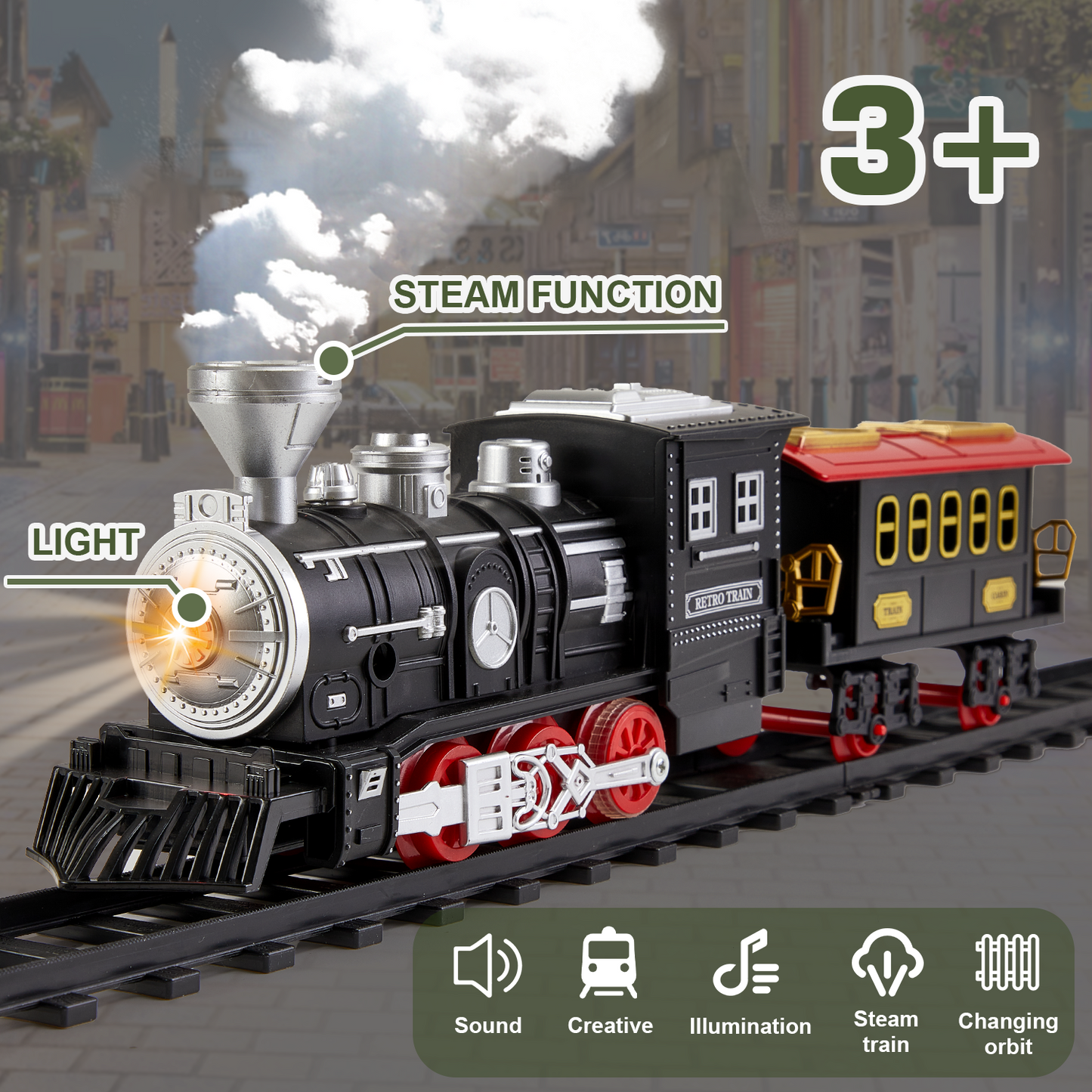 Gleamkid Electric Train Set for Kids, Train Track Toy with Smoke & Light & Sound, Christmas Train Gift for Boy & Girl
