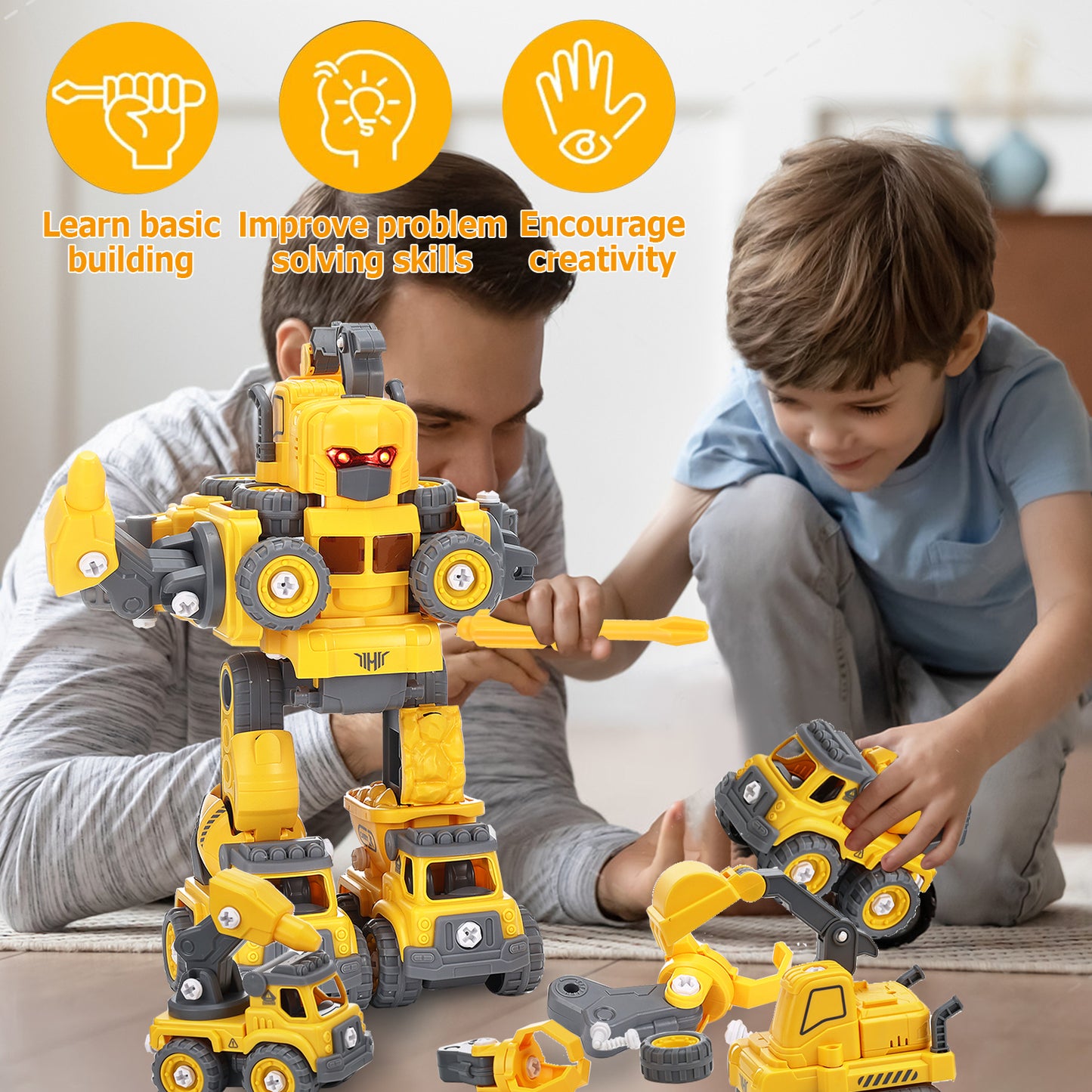 Anpro 5 in 1 Robot Construction Vehicles Set Toy for Toddler, Construction Vehicles Transform Robots Toys with Light for Kids, Assemble Building Trucks DIY Toy for Boys Girl 3+ Year