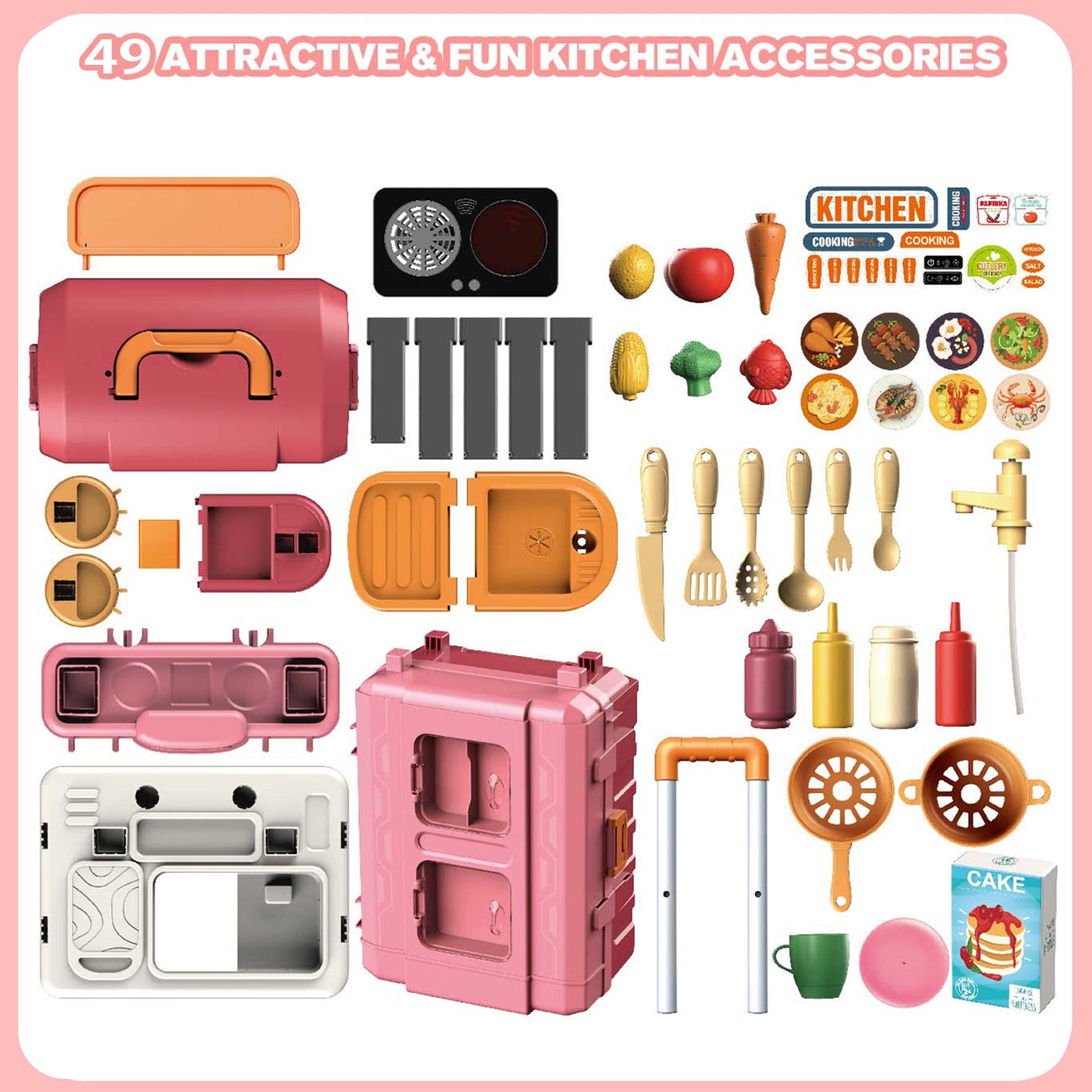 Anpro 28Inch Play Kitchen Set for Kids, 49PCS Pretend Play Kitchen with Sounds & Lights, Toy Kitchen Cooking Set, Best Gifts for Toddlers Age 3+, Pink