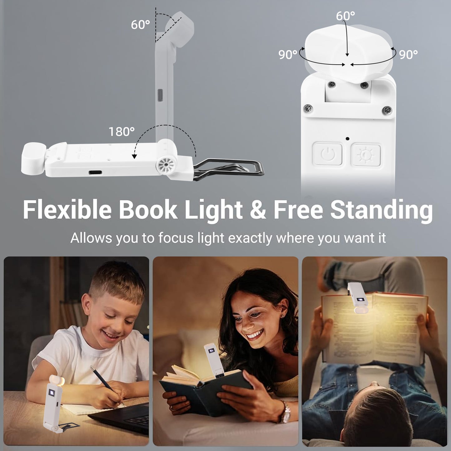 Anpro USB Rechargeable Book Light 9 LED, Mini Portable Clip-on Reading Light, 5 Brightness Levels Lighting & 3 Color Temperatures, Lamp head 90° rotation, up to 80 Hours Reading