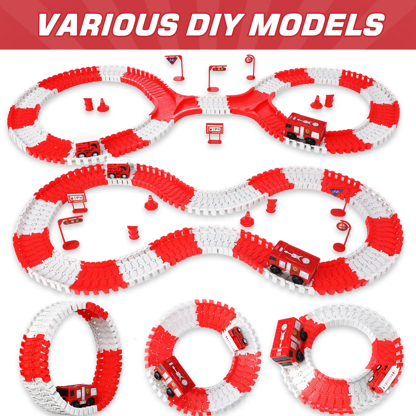 Anpro 152PCS Toy Race Car Track Set for Kids, Flexible Track Playset with 2 Fire Rescue Car for Age 3+ Boys Girls - Firefighting Theme, Red