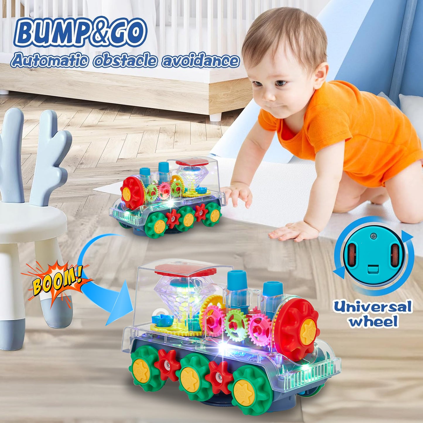 Anpro Gear Train Toy for Kids, Transparent Electric Rotating Mechanical Train Toy with Music, Flashing Light and 360 Rotation, Educational Gear Toy for Boys Girls 3+