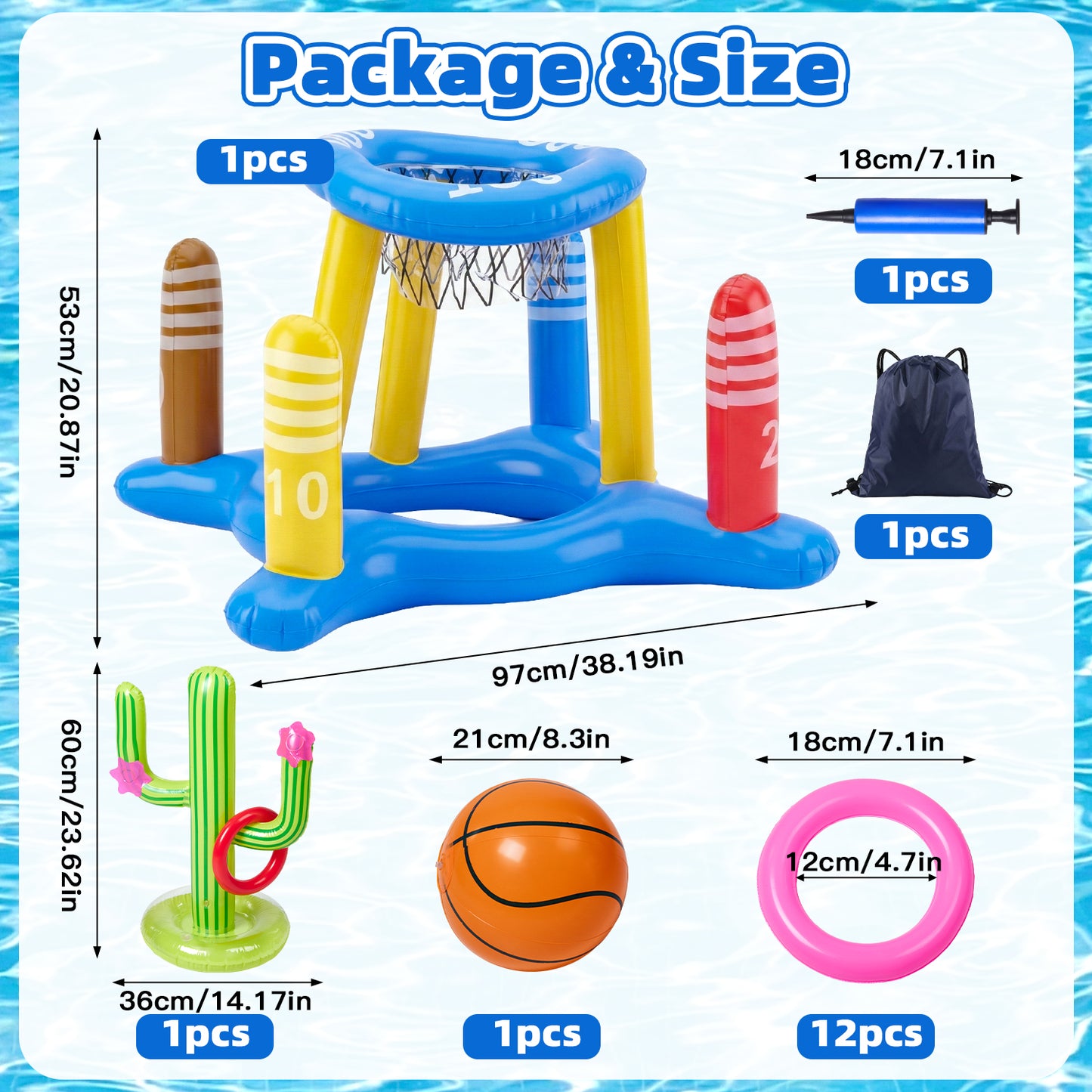 Pool Toys Games Set,Pool Basketball Hoop Inflatable Cross Ring Toss Game and Inflatable Cactus Kids for Teens Adults and Family (3 Set Water Toys)