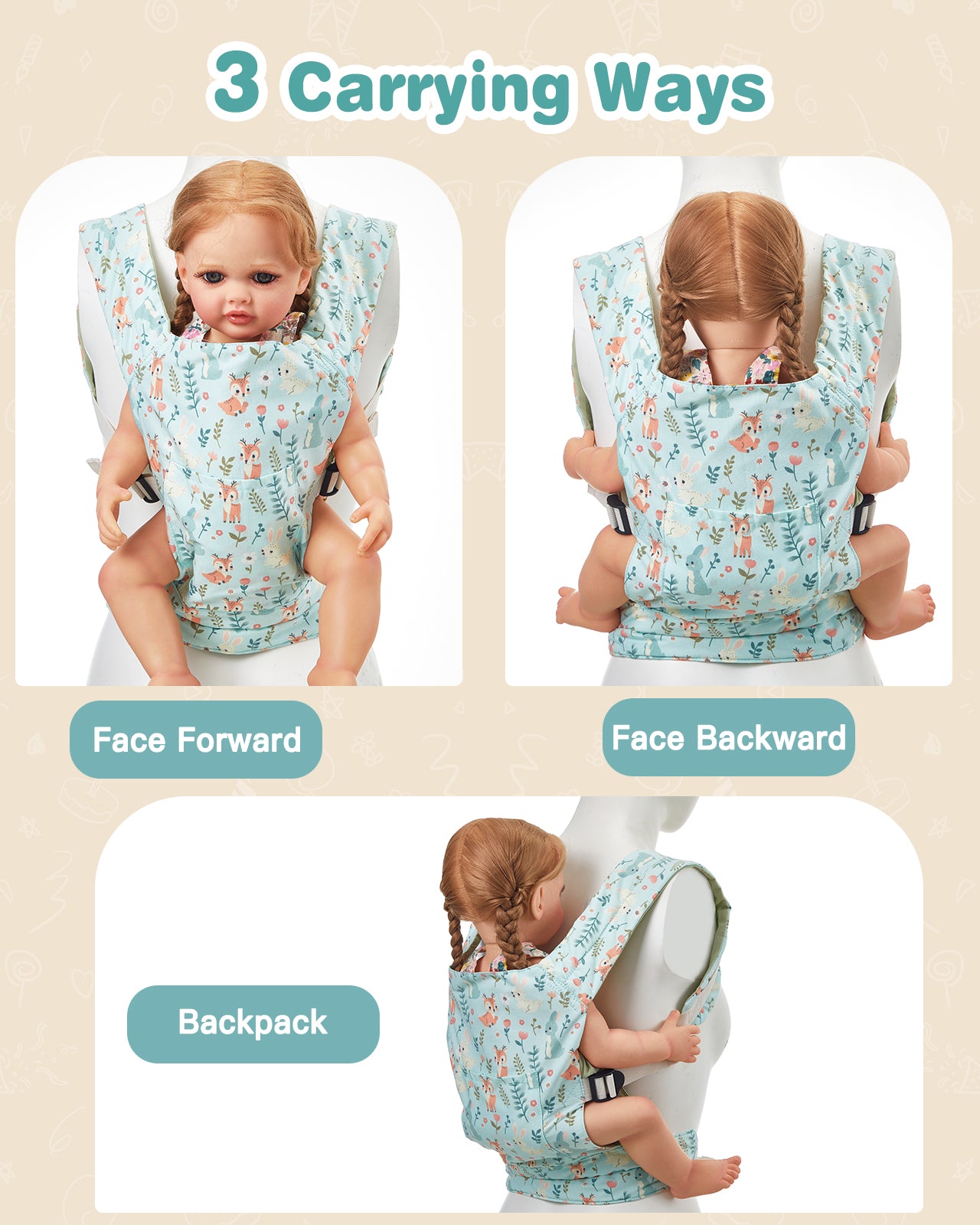 Lictin Baby Doll Carrier for Kids, Front and Back Doll Accessories Carrier with Adjustable Straps for Little Girls, Doll Carrier for Stuffed Animal Baby Doll, Green