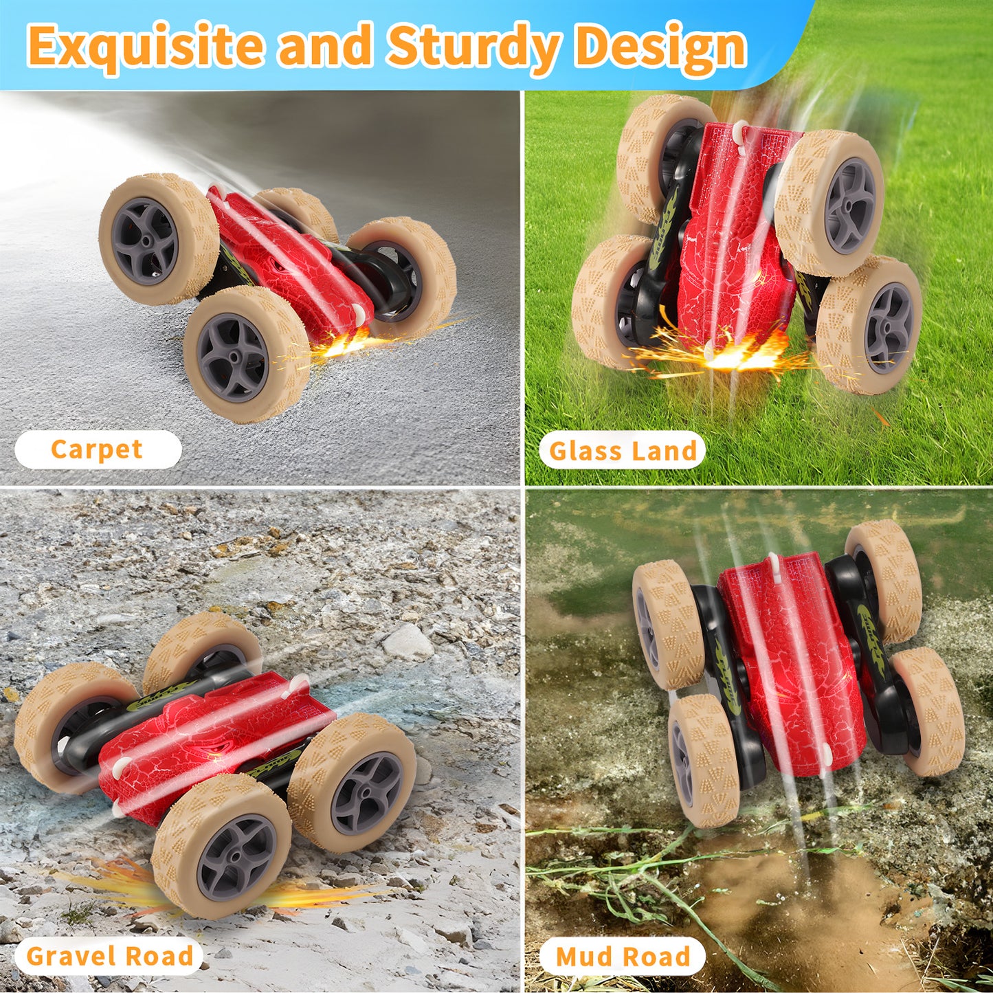 Anpro 2.4GHz Remote Control Car, Electric Race Stunt Car, Double Sided 360° Rolling Rotating Monster Truck Toys, 4WD High Speed Off Road Car for 3-12 Year Old Boys Girls Toys, Red