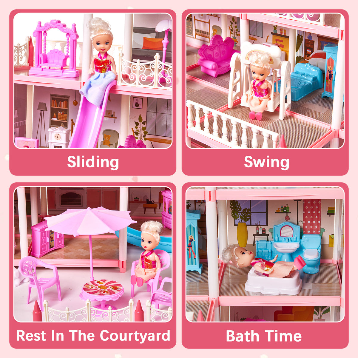 Dollhouse for Kids, 14 Rooms Doll House with Warm Light, DIY Playhouse with Furniture, Light Strip & Slide, Kids Doll House for Girls Ages 3-12, Pink