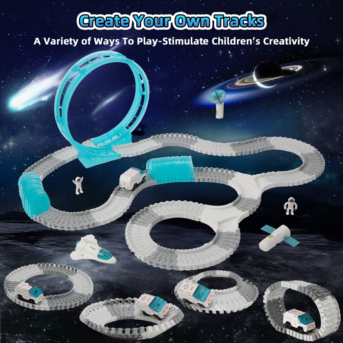 Lictin Race Car Tracks for Kids, 233PCS Space Theme Flexible Racetrack Set with Astronaut, DIY Race Track Kit Educational Toys Gift for Boys Girls Age 3 4 5 6