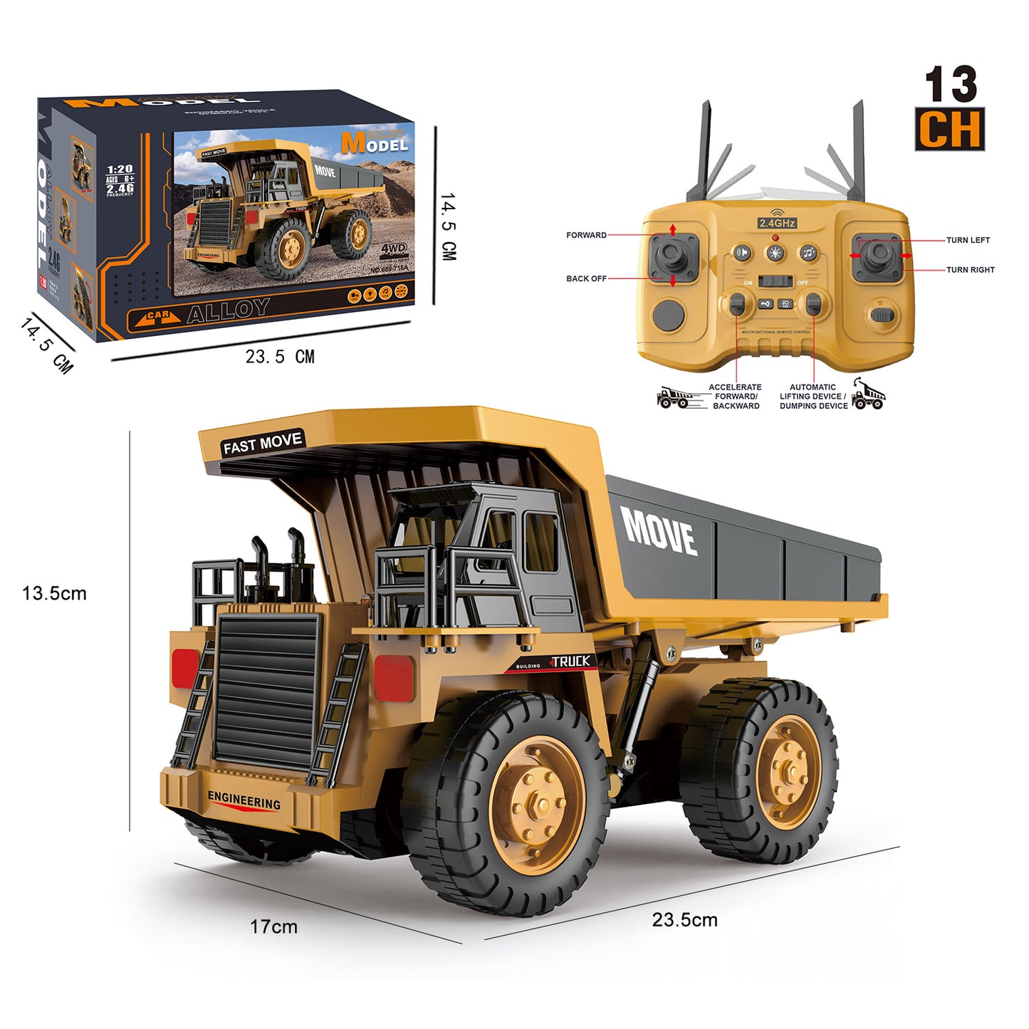 Petbank RC Dump Truck Toy, 13-Channel Remote Control Toy with Light/Sound, Rechargeable Batteries, 2.4 Ghz Kids Construction Vehicle Truck Toys for 3+ Boys Girls