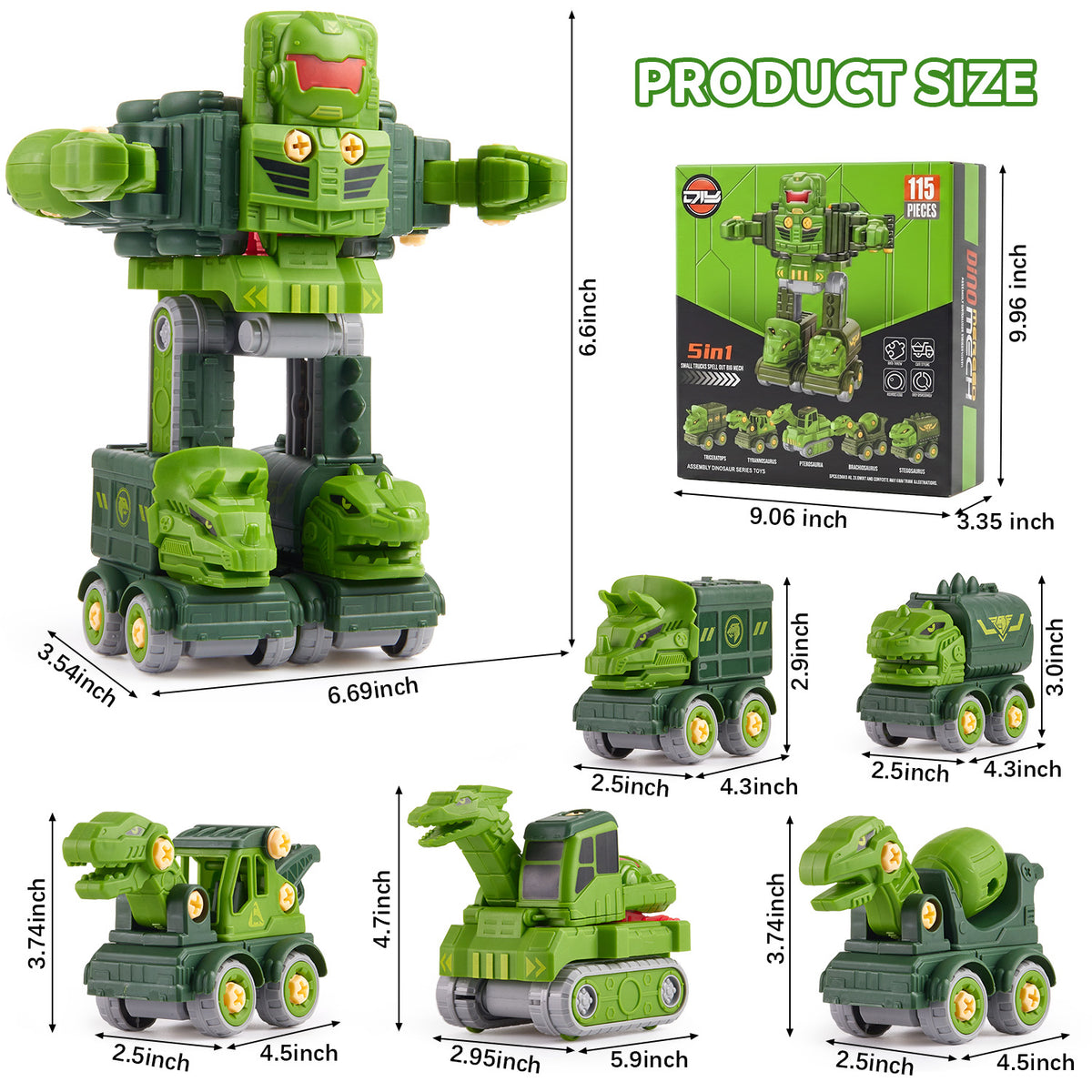 Dinosaur Transforming Robot Toys for Kids, 5-in-1 Dino Take Apart Transform Cars Toys, STEM Educational Building Toys Gift for Boys Ages 3 4 5 6 7 8 Years