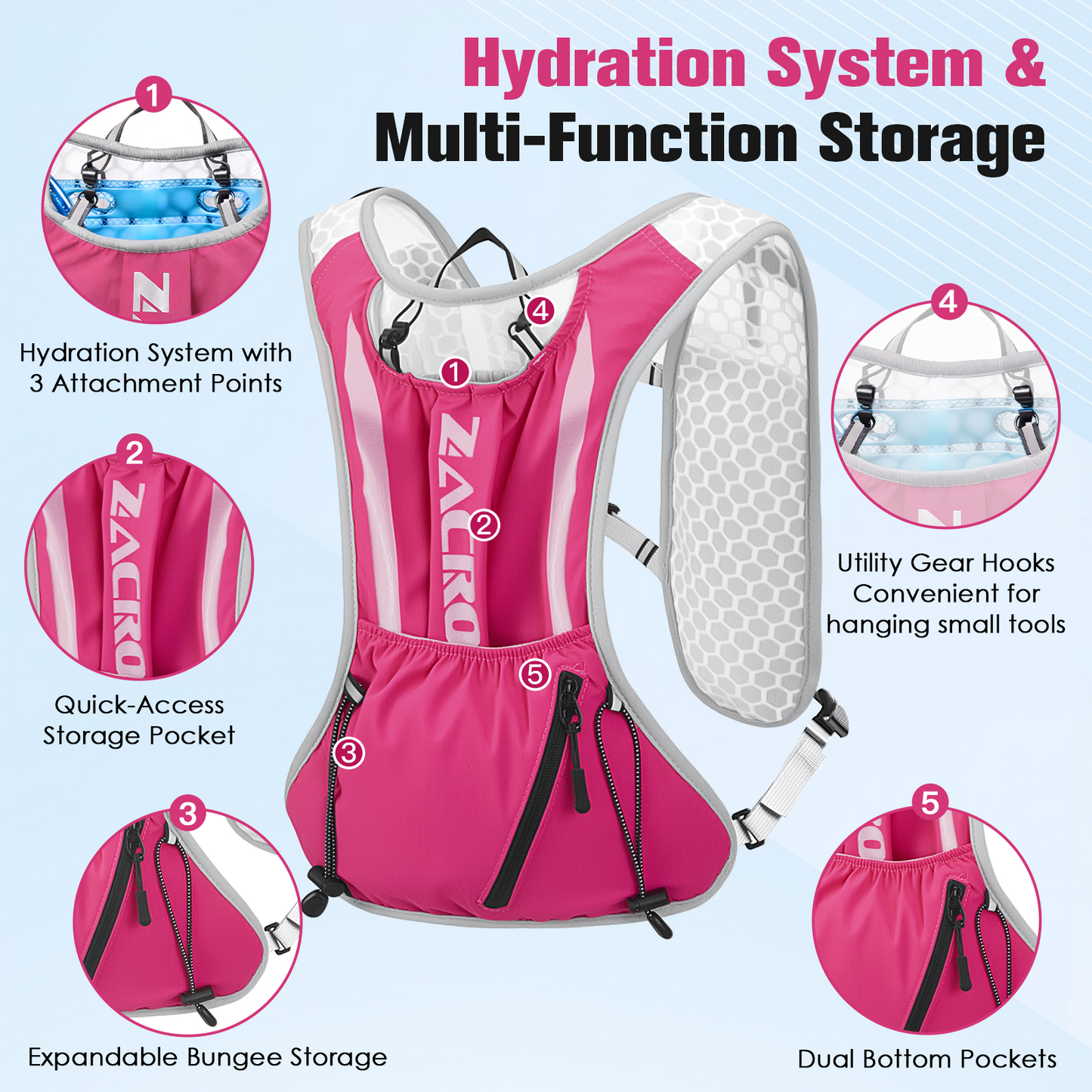 Zacro Reflective Running Vest for Men Women,  Adjustable Lightweight Running Backpack Hydration Vest with 2L Soft Flask, Running Gear for Walking, Hiking, Cycling - Pink