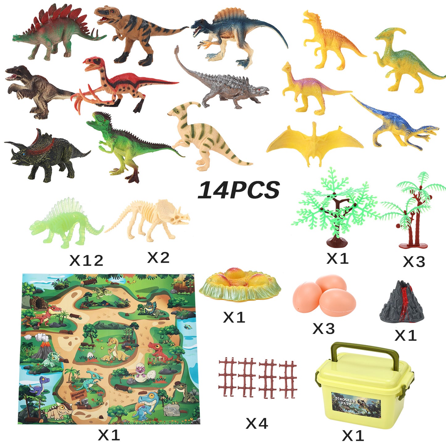 Gemeer 43PCS Dinosaur Playset, Dino Toy with 27.6" x 31.5" Activity Play Mat, Dinosaur Figures, Trees, Rocks, Gift for Kids Aged 3-10