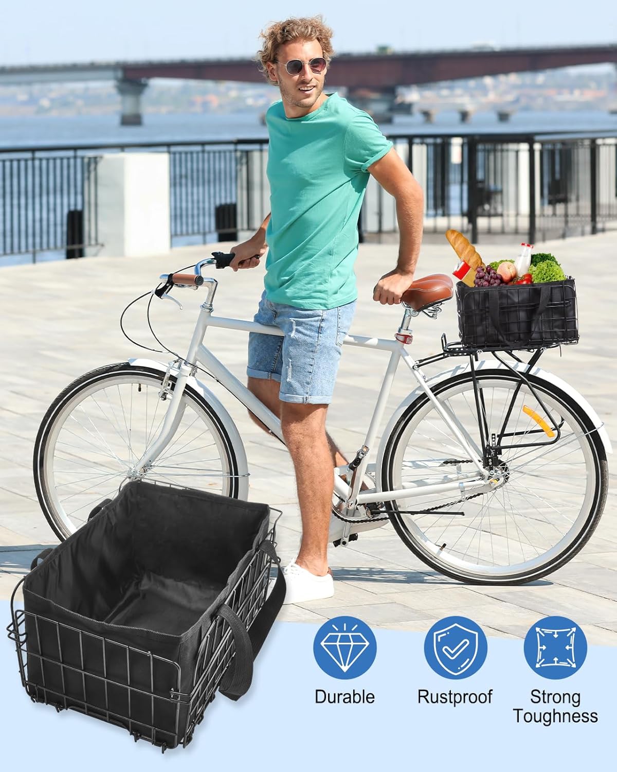 Zacro Bike Basket, Folding Bicycle Rear Basket with Removable Liner Bag, Large Metal Bike Basket for Pets, Shopping, Grocery