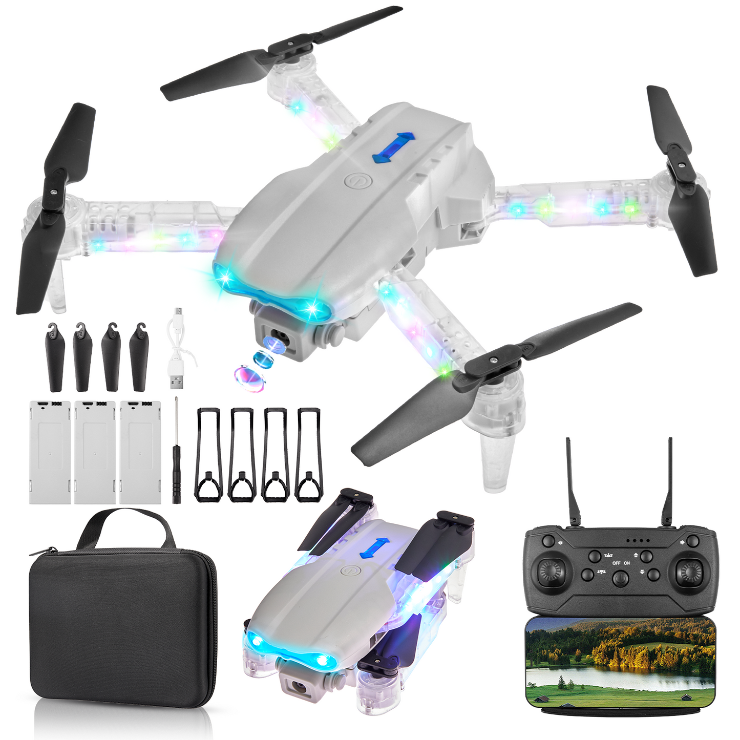 Lictin Drone with HD Camera for Adults Kids, WIFI FPV RC Quadcopter with Colorful LED Lights, Foldable RC Drone with 3 Batteries, Carrying Case