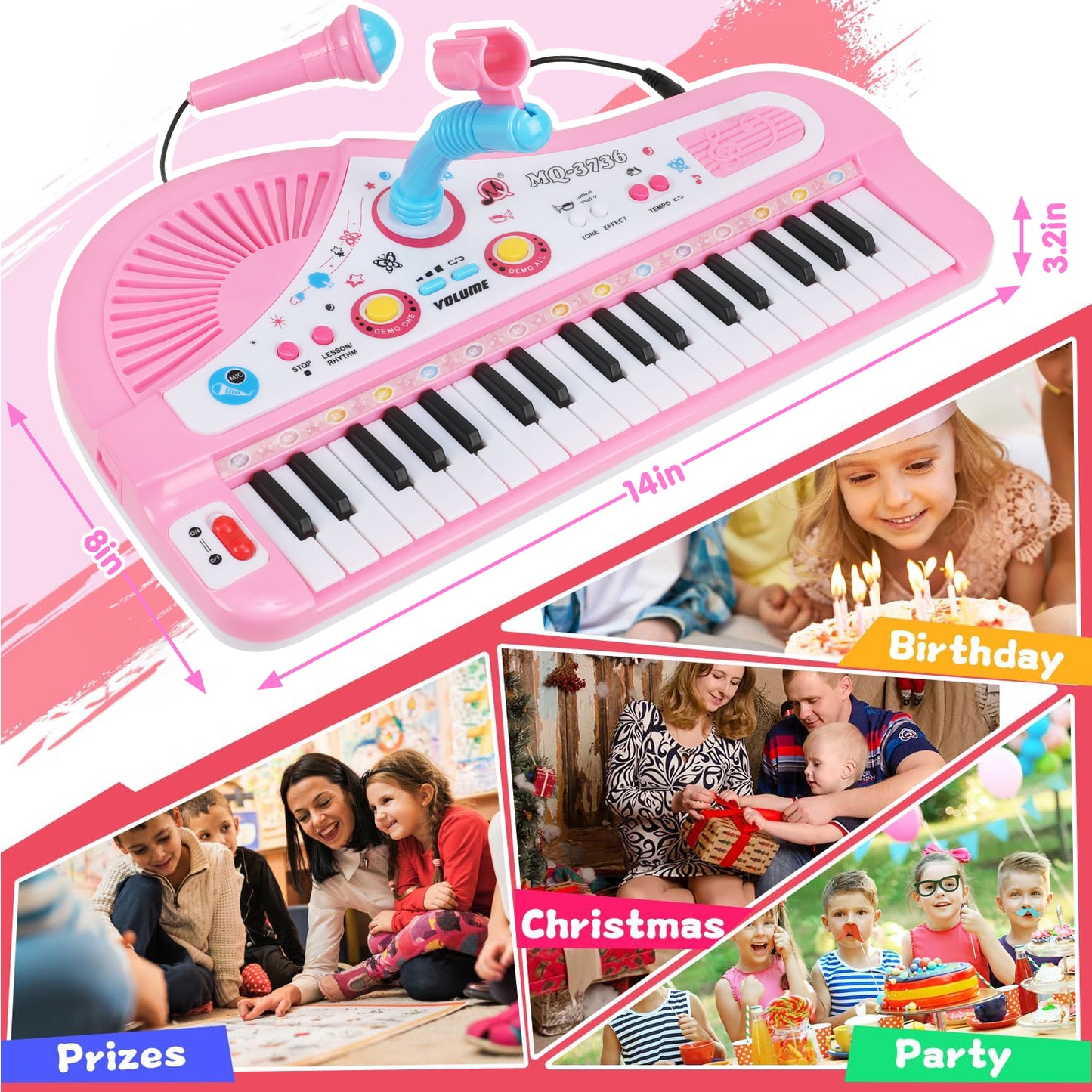 Petbank 37 Keys Piano Toys for Kids, Portable Electronic Musical Instrument with Microphone, Educational Musical Instrument Gift for Boys Girls Aged 3-8, Pink