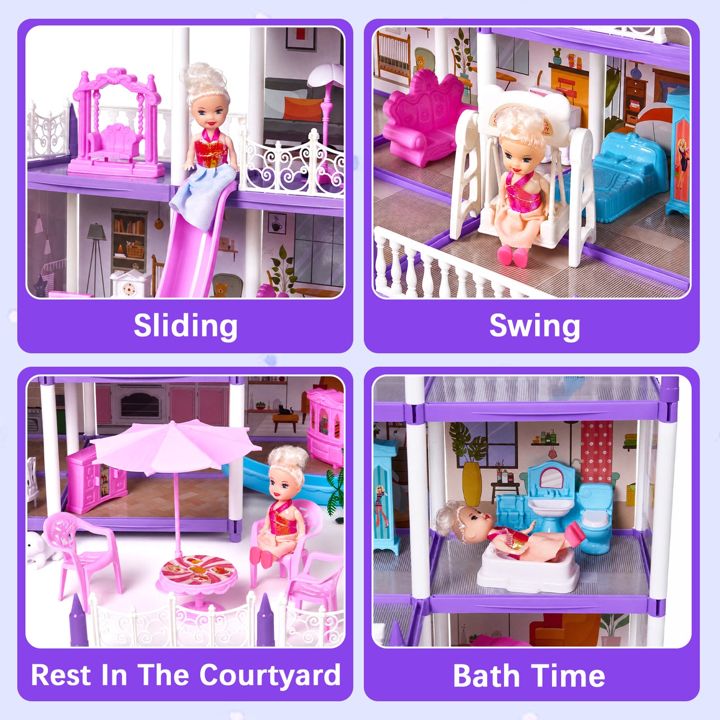 Zacro Dollhouse Pretend Play Set, 4 Story 12 Rooms Dollhouse with Doll Toy Figure, Furniture and Accessories, Play Dollhouse Gift Toys for Girls Kids Ages 3 & Up