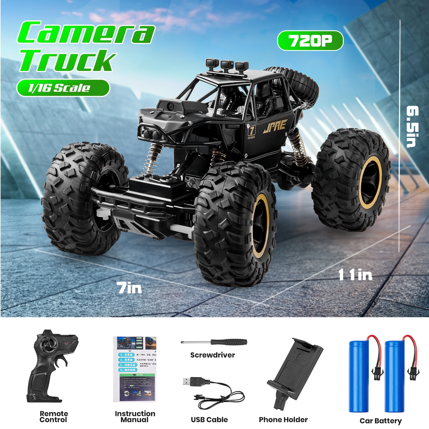 Zacro 1:16 Scale RC Car with 720P FPV Camera, 2.4Ghz Remote Control Car High Speed Off-Road Truck for Kids and Adults, 2 Batteries, Black