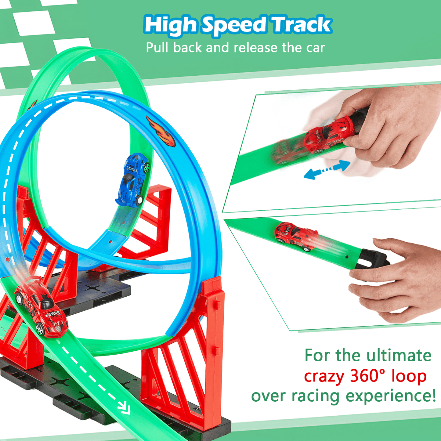 Anpro Car Race Track Set for Kids, 360° Loop Raceway Race Track Set with 2 Pull-Back Cars, Best Track Toys Gifts for 3+ Years Toddler Boys Girls, Green