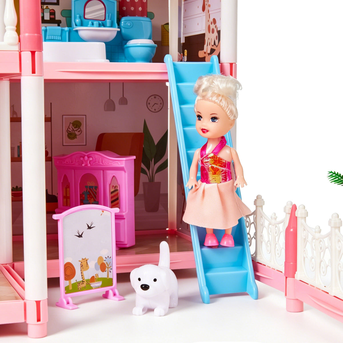 Dollhouse for Kids, 14 Rooms Doll House with Warm Light, DIY Playhouse with Furniture, Light Strip & Slide, Kids Doll House for Girls Ages 3-12, Pink