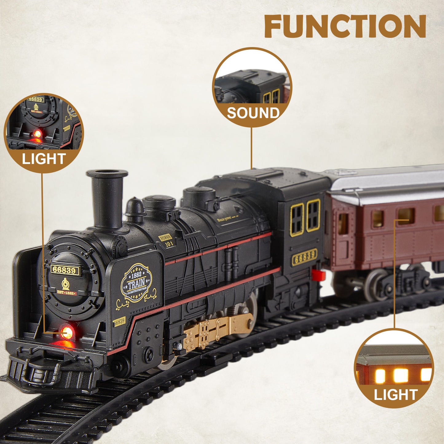 Petbank Electric Train Set, Electric Railway Train Car Track Play Set Toy with Music, Lights, Luxury Track & 5 Truck Carriage