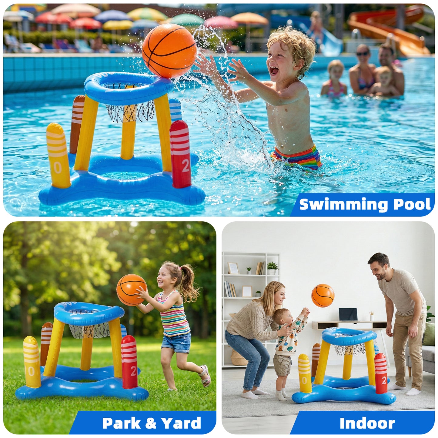 Pool Toys Games Set,Pool Basketball Hoop Inflatable Cross Ring Toss Game and Inflatable Cactus Kids for Teens Adults and Family (3 Set Water Toys)