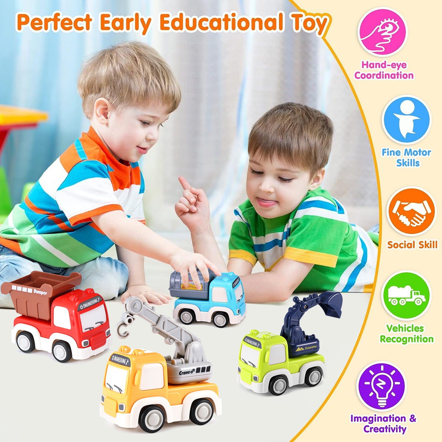 Anpro Friction Powered Cars Toy with Playmat Storage Bag, Push and Go Car Baby Toys, Pull Back Construction Truck Vehicles Play Set for Boys Girls Toddlers Kids, 4 Pack