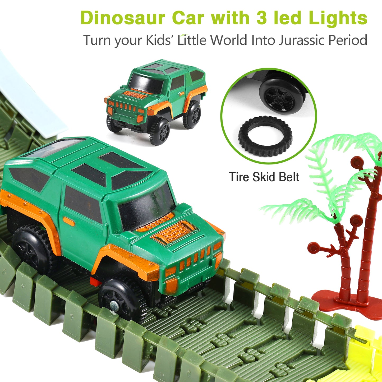 Anpro Dinosaur Toys Race Car Track Set for Kids, 250pcs Race Car Track Set Vehicle Playsets Dinosaur World Road Toys Flexible Track Playset for Boys Age 3+ Best Christmas Gift