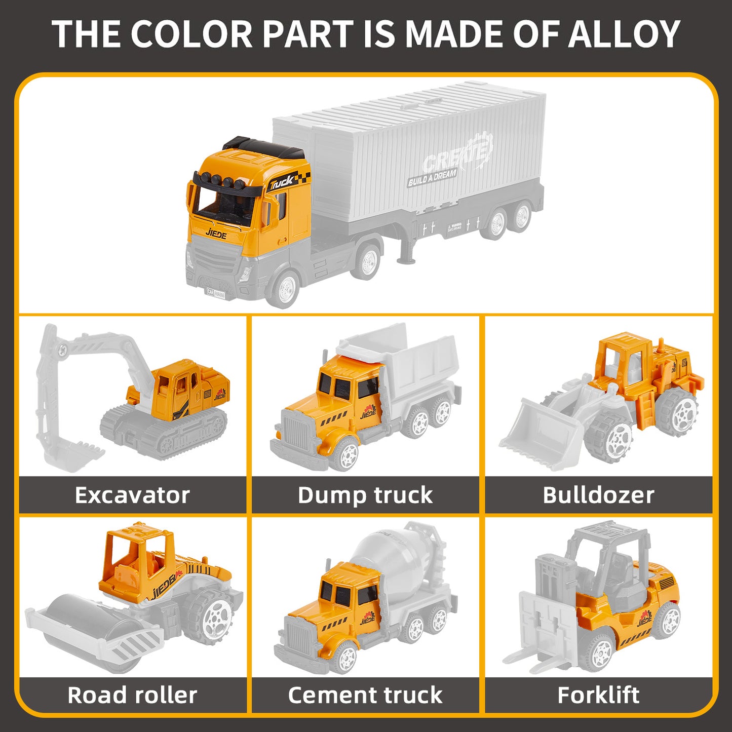 Anpro Construction Vehicles Toy Playset for Boys, Construction Truck with 6 Alloy Cars and Tower Crane, Bounce launch, Truck Car Toys for 3+ Boys Gifts