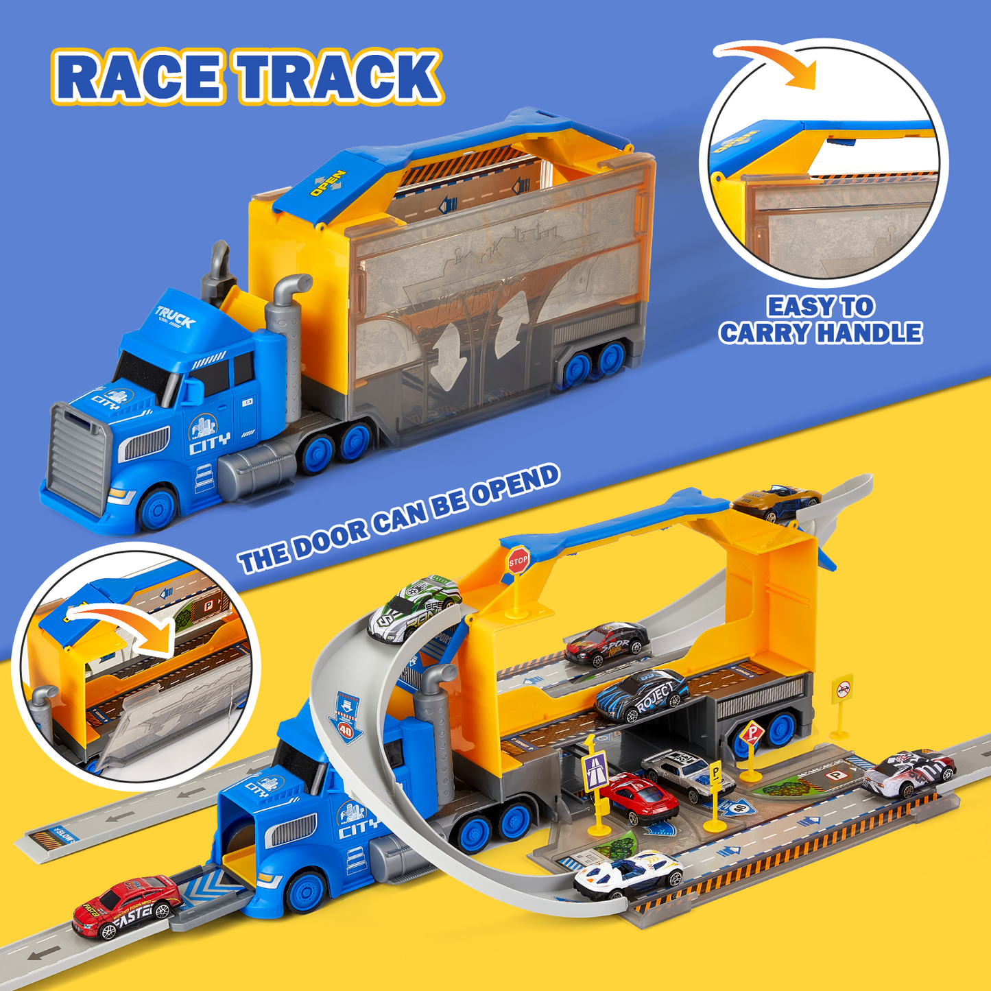 Petbank 2 in1 Carrier Truck Race Track Toys, Transport Trucks Circular Race Track Set with 9 Race Cars, Racing Toys Set for Boys and Girls, Blue