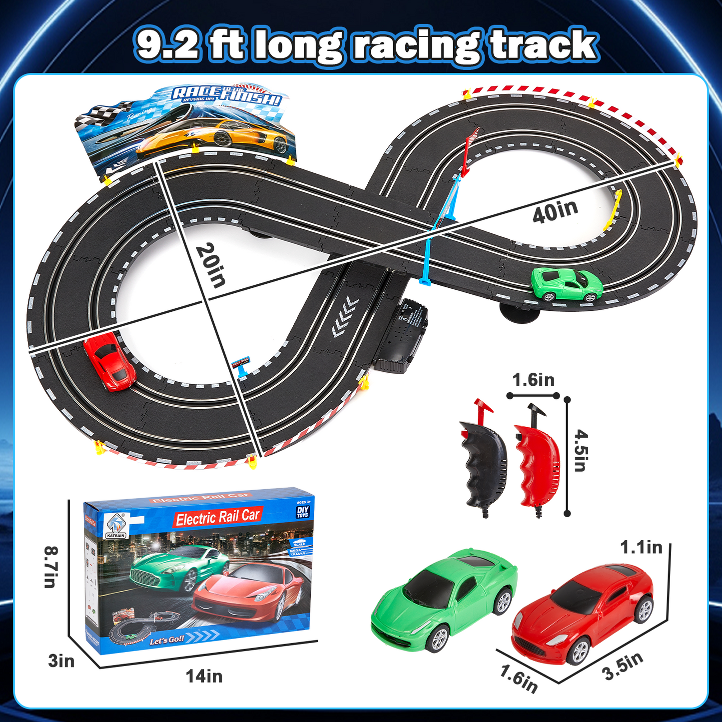 Anpro Slot Car Race Track Sets, 20ft Dual Race Car Track with 2 High-Speed Cars, 2 Electric Controller, Electric Slot Car Track Toy for Girls Boys Age 4-12