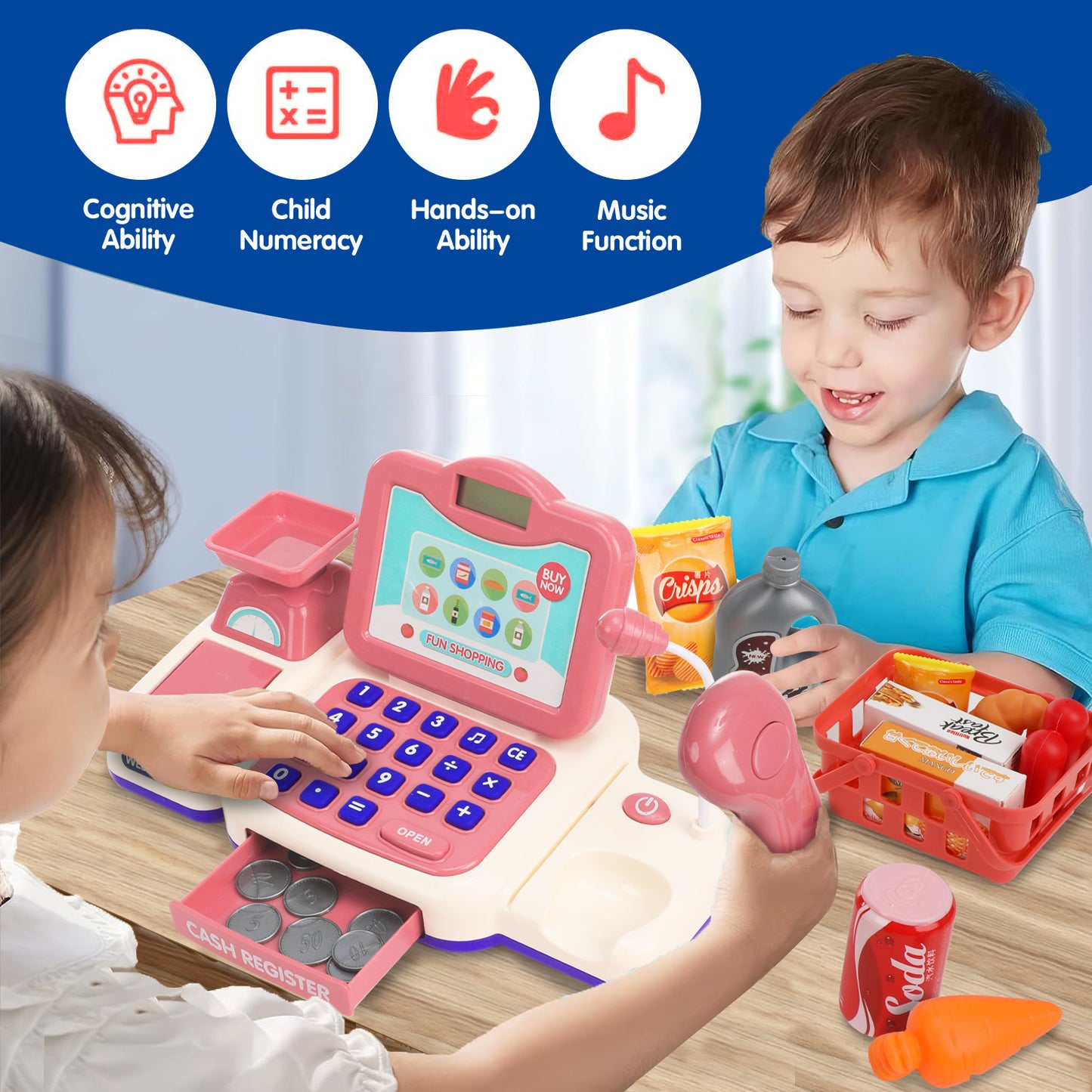 Anpro Cash Register Toys for Kids, 43PCS Pretend Play Register Kids Cashier with Sound, Microphone, Scanner, Pretend Credit Card, Play Food for Toddler Girls Boys Gifts Age 3+, Pink
