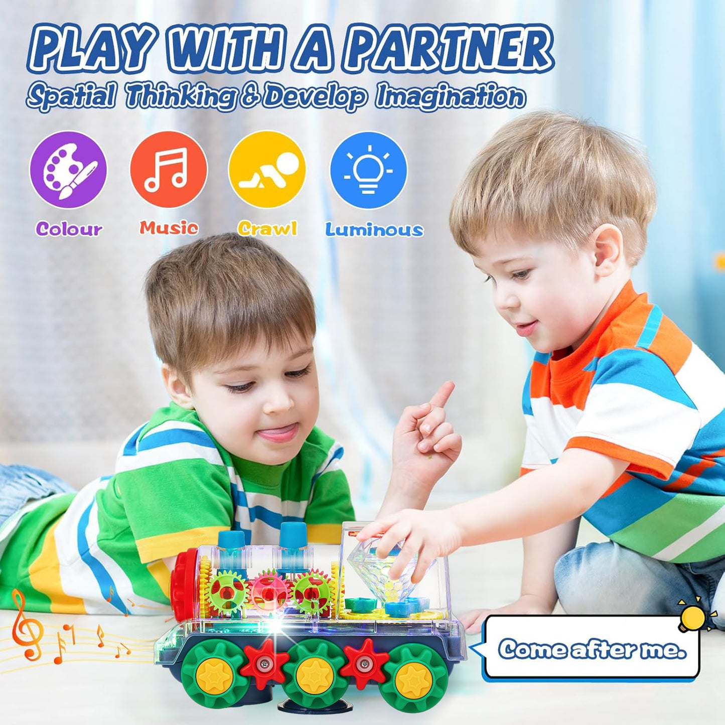 Anpro Gear Train Toy for Kids, Transparent Electric Rotating Mechanical Train Toy with Music, Flashing Light and 360 Rotation, Educational Gear Toy for Boys Girls 3+