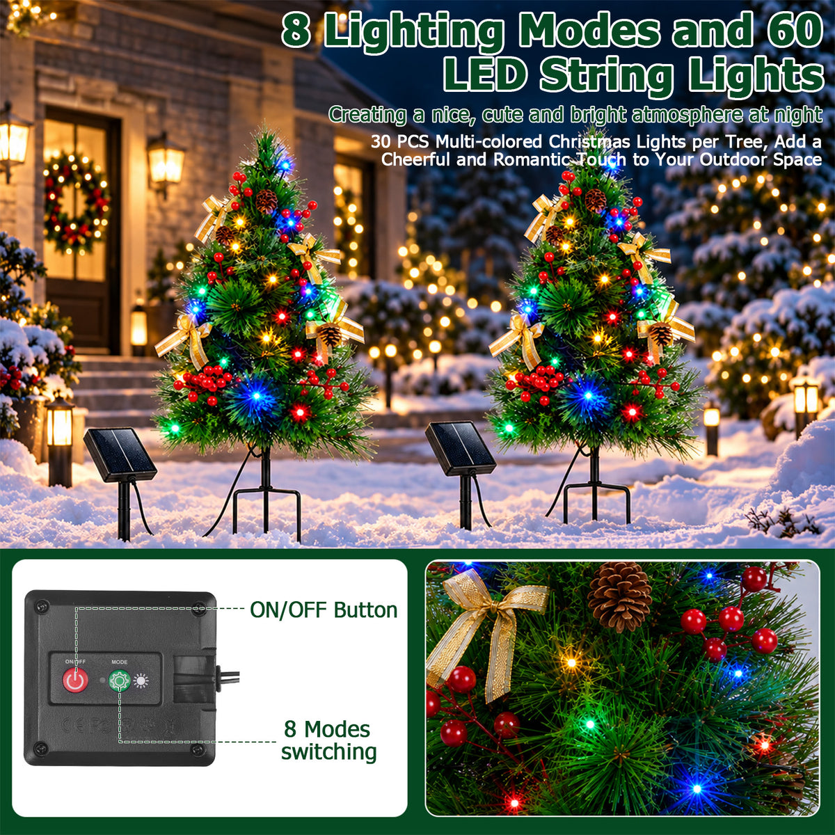 Lictin 2 Pack 30 Inch Solar Christmas Trees, Pre-Lit Artificial Christmas Trees with 60 LED Lights, 8 Modes and 26 Ornaments, Waterproof Outdoor Holiday Decorations for Yard, Porch & Garden