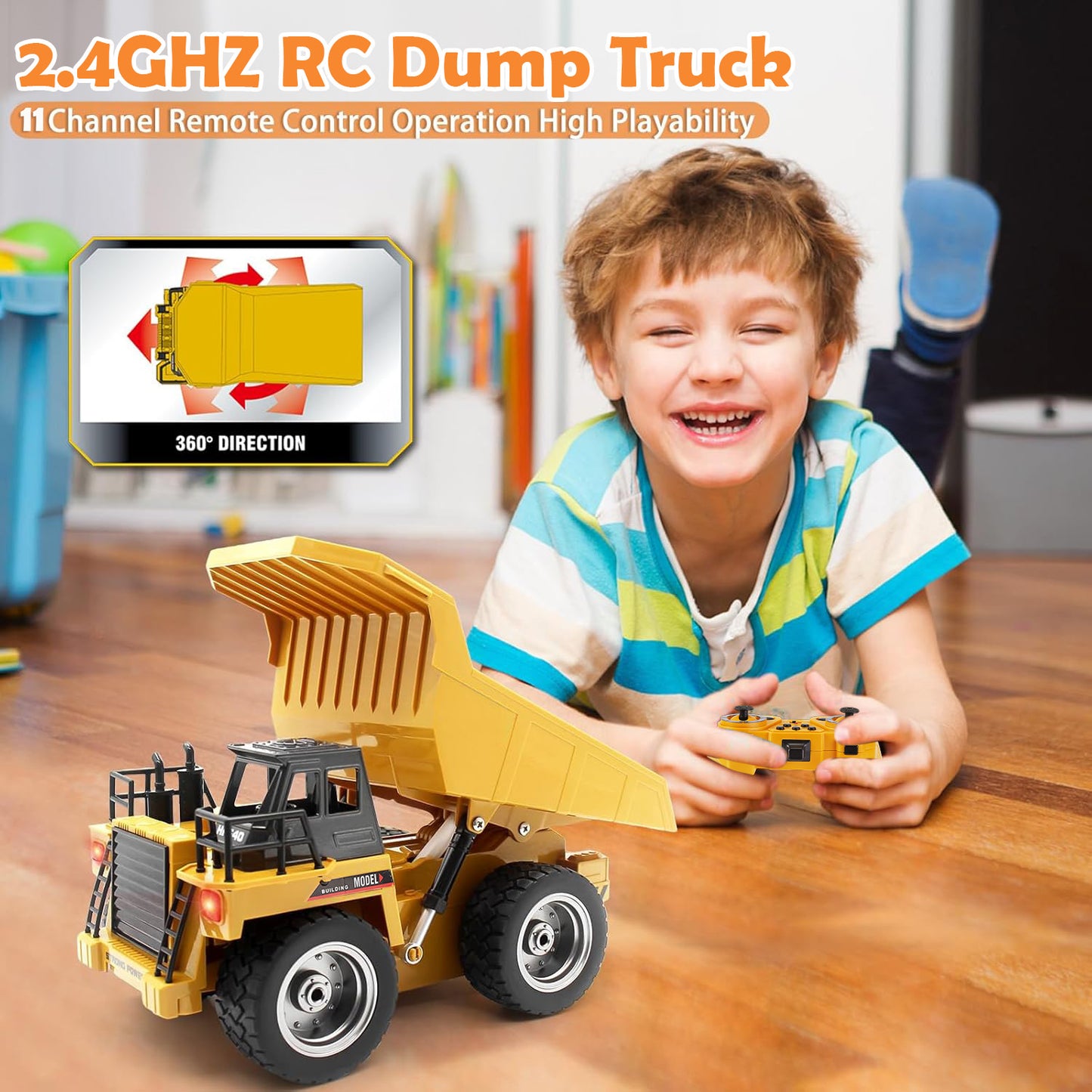 Zacro Remote Control Dump Truck, 2.4G RC Construction Vehicles Toy with Metal Bed Lights/Sounds, 11 Channel Electric Truck Toy Gift for Boys Kids