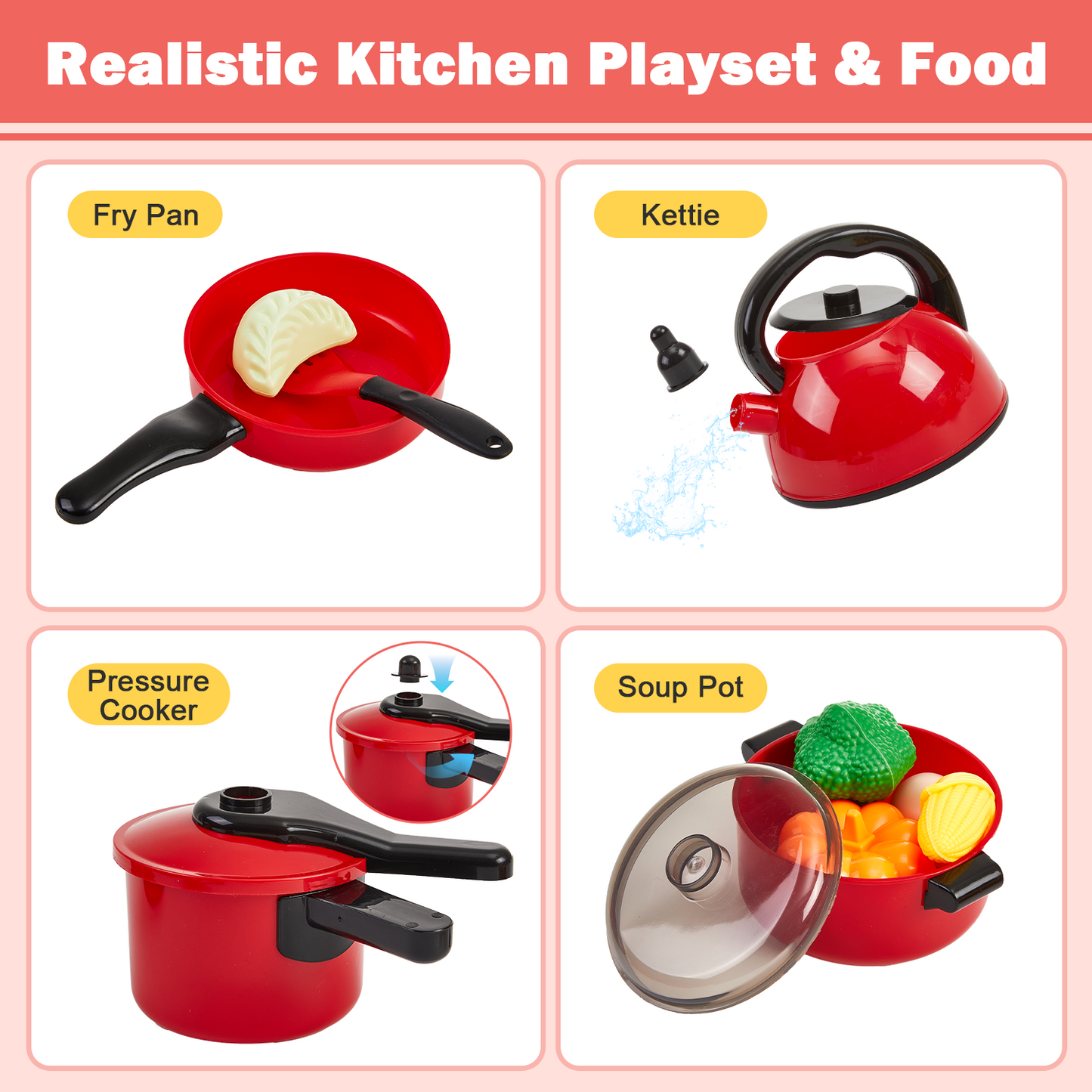 Gleamkid Kids Pretend Play Kitchen Accessories, 61pcs Kitchen Playset, Pretend Cooking Play Pots with Pans, Pot and Utensils, Preschool Learning Education Toys for Toddler Boys Girls
