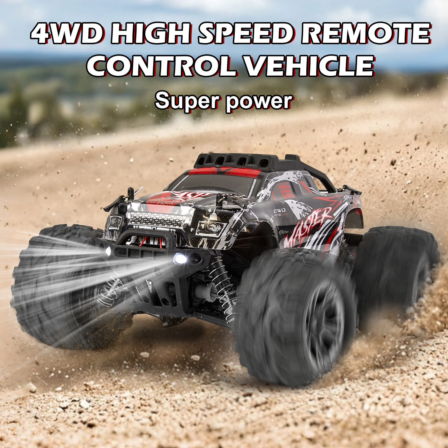 Anpro High Speed Remote Control Car, 16 Scale 40+KMH RC Monster Truck with Lights, 4WD All Terrain Off-Road Truck, 2 Batteries, Electric Vehicle Hobby Toy Gifts for Kids and Adults