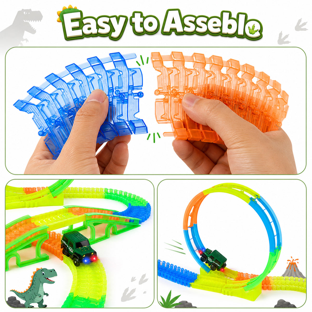 Lictin Dinosaur Race Track Toys for Kids, 246PCS Glowing Flexible Race Car Track Set with with Light-Up Car, 3 Dinosaur Figures & Play Map, Birthday Gift for Boys & Girls Ages 3+