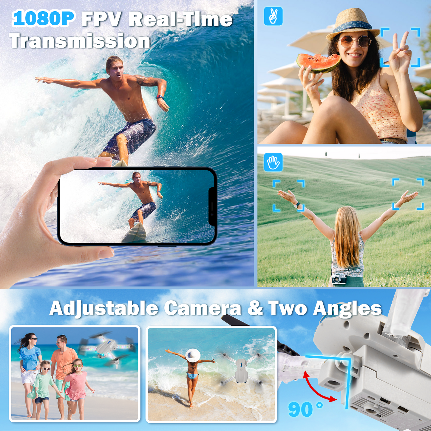 Anpro RC Drone with Dual 1080P HD Camera for Adults and Kids, Fpv Foldable RC Quadcopter with 90° Adjustable Lens, Coloeful LED Lights, Gestures Selfie, 360° Flips, 3 Batteries, Gray