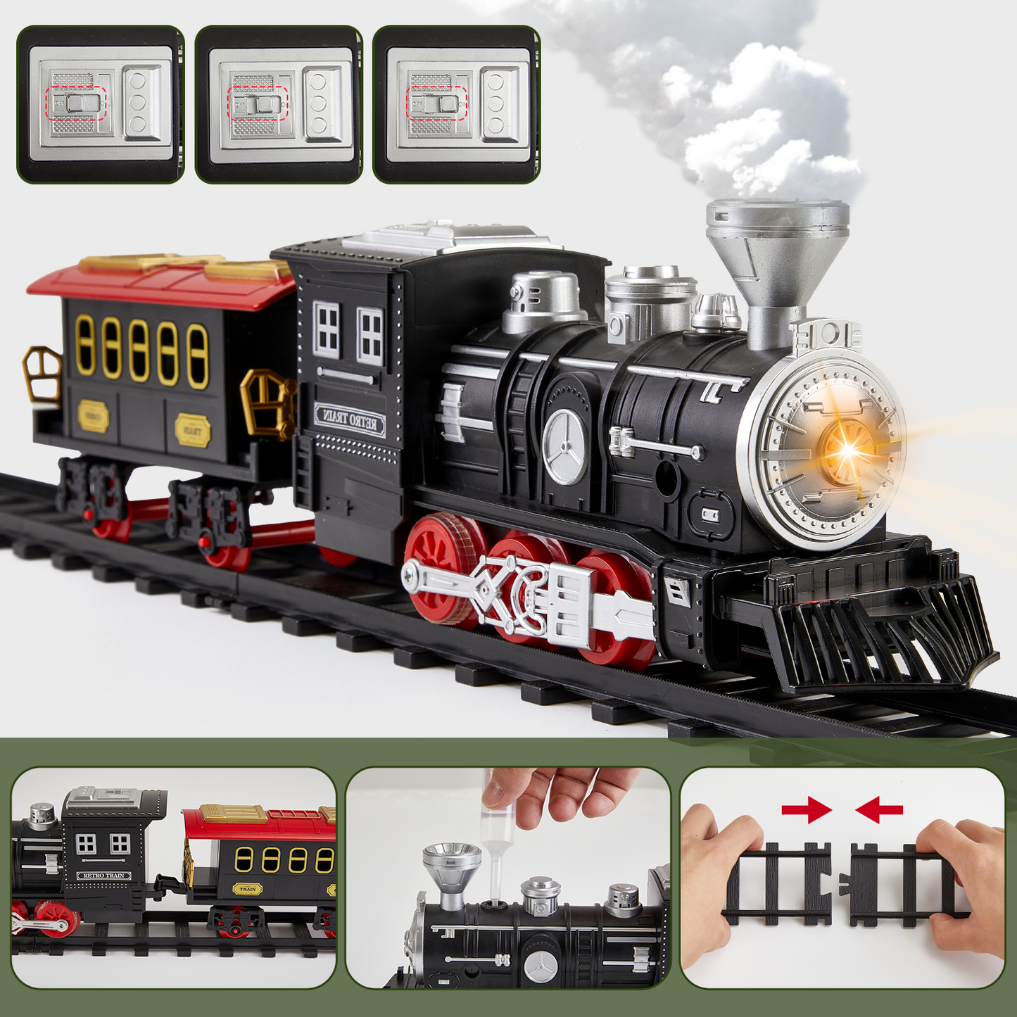 Gleamkid Electric Train Set for Kids, Train Track Toy with Smoke & Light & Sound, Christmas Train Gift for Boy & Girl