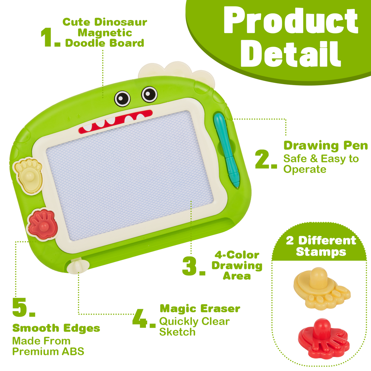 Magnetic Drawing Board for Kids, 8.1 Inch Green Dinosaur Doodle Board for Toddlers, Educational Learning Toys for Toddlers 1-3, Green